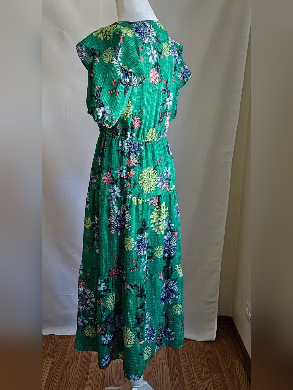 ​LOFT Floral Tiered Midi Dress Green Ruffle Sleeve Size XS - Picture 9 of 16